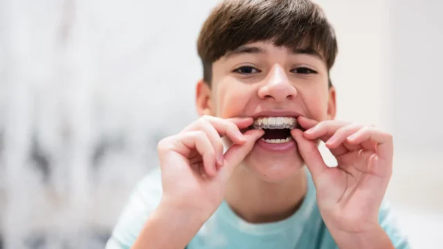 boy putting on invisalign